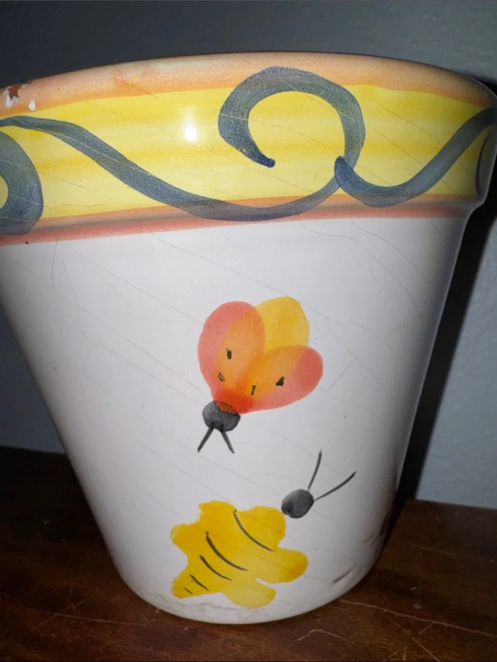 Vintage Hand-Painted Portuguese Ceramic Flower Pot/Planter Bees Ladybugs